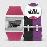Relógio Feminino Digital Troca Pulseira Com Kit Pulseira Silicone Na Cor Rosa, Preto E Roxo À Prova D' Água Resistência 10 Atm C/ Cronômetro, Alarme, Calendário E Iluminação Noturna - Fzna/t8t Mormaii