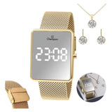 Relógio Feminino Dourado Champion Digital Quadrado 