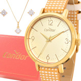 Relógio Feminino Dourado Condor Com Colar E Brincos Original