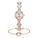 Relogio Feminino Dourado Quartz Com Pedras Flor + Bracelete Cor Da Correia Dourado Rose Cor Do Fundo Branco