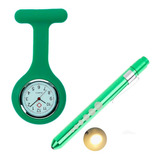 Relógio Lapela Silicone Enfermagem Verde E Caneta Lanterna