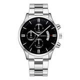 Relógio Masculino Aço Inox Quartz Minimalista Prova D'água Correia Prata Bisel Prata Fundo Preto