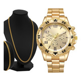 Relógio Masculino Analógico + Pulseira Corrente Banhado Ouro
