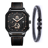 Relógio Masculino Casual Couro Luxo Cronógrafo Kit Bracelete Correia Preto Bisel Preto Fundo Preto