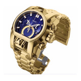 Relogio Másculino Dourado Azul Grande Pesado Luxo Oferta