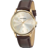 Relógio Masculino Mondaine Pulseira De Couro Original Pulso Cor Da Correia Marrom Cor Do Bisel Dourado Cor Do Fundo Champagne