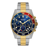 Relógio Masculino Solartech Orient Prata Coleção Exclusiva Correia Prateado/dourado Bisel Azul/vermelho/dourado Fundo Azul