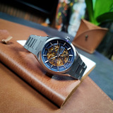 Relógio Orient Automático Skeleton Nh7ss006 D1sx Correia Prateado Bisel Prateado Fundo Azul/dourado