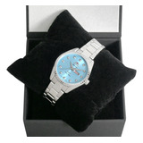 Relógio Orient Feminino Automático Social Aço Nh6ss007 Azul Correia Prata Bisel Branco Fundo Azul-celeste