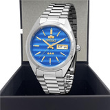 Relógio Orient Original Prateado Fundo Azul Luxuoso Moderno