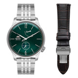 Relógio Orient Superior Automático Yn8ss005 E2sx Correia Prateado Bisel Prateado Fundo Verde