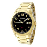 Relógio Pulso Prova D'água Calendário 1 Ano Orient Correia Dourado Bisel Dourado Fundo Preto Iv