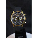 Relógio Seiko Cronógrafo Masculino Ssb446b1 P1px Correia Preto Bisel Dourado Fundo Preto