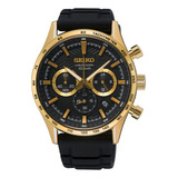 Relógio Seiko Cronógrafo Masculino Ssb446b1 P1px Correia Preto Bisel Dourado Fundo Preto