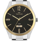 Relógio Technos Masculino Classic Steel 2115mnvs/1p Correia Prateado Bisel Dourado-escuro Fundo Preto