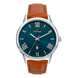 Relógio Technos Pulseira Couro Masculino Prata Pulso Grande Cor Da Correia Marrom Cor Do Bisel Prateado Cor Do Fundo Azul