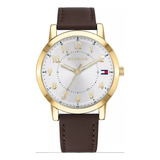 Relógio Tommy Hilfiger Masculino Couro Marrom 42 Mm 1791751 Correia Marrom-escuro Bisel Dourado Fundo Branco