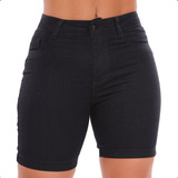 Short Jeans Feminino Cintura Alta Com Lycra Meia Coxa Promoç