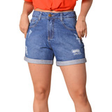Short Jeans Feminino Mom Cintura Alta Dobrado