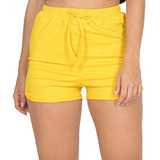 Shorts Amarelo Canelado Feminino Com Elastico.