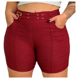 Shorts Feminino Plus Size Cintura Alta Lycra Com Bolso Cinto