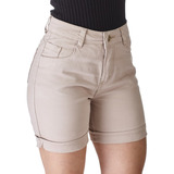 Shorts Jeans Feminino Bege Cós Alto Com Lycra Plus Size