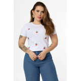 T-shirt Algodão Camiseta Feminina Branca Bordado Cerejas 