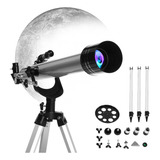 Telescópio Refrator Prateado 60mm Com Tripé Ajustável Luneta