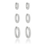Trio De Brincos Argolas Finas Cravejadas Banho Prata 925
