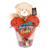 Urso Pelúcia Balde Almofada Coração Amor Pra Vida Toda