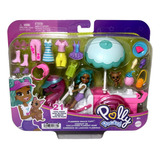 Veículo Carro Carrinho De Lanches Flamingo Da Boneca Menina Morena Negra Cabelo Azul Polly Pocket - Acompanha Mini Acessórios Pet Cachorro Cachorrinho E Roupas Roupinhas - Mattel Brinquedos