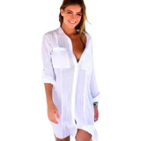 Vestido Chemise Manga Longa Saída De Praia Tendência De Moda