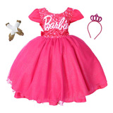 Vestido De Festa Infantil Barbie Fashion Pink Luxo E Tiara
