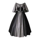 Vestido Feminino Medieval Gótico, Patchwork, Renda E Decote