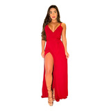Vestido Fenda Longo Decote Cruzado Luxo Festa Tendência