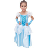 Vestido Festa Fantasia Princesa Azul Cinderela Com Tiara