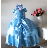 Vestido Festa Fantasia Princesa Azul Cinderela Com Tiara