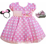 Vestido Festa Minnie Rosa Luxo Infantil 1- 4 Anos E Tiaras