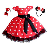 Vestido Infantil Festa Luxo Minnie Vermelha Com 2 Tiaras