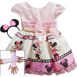 Vestido Infantil Festa Minnie Rosa Luxo Tiara E Luvas