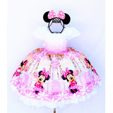 Vestido Infantil Minnie Rosa Luxo + Tiara De Orelhinha 