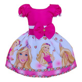 Vestido Infantil Princesa Barbie Rosa Com Laço