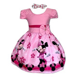 Vestido Infantil Temático Minnie Flores Rosa Luxo+ Brinde