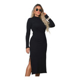 Vestido Longo Casual Manga Longa Inverno C/ Fenda Laterais