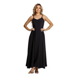 Vestido Longo Feminino Soltinho Liso Alça Regulável Elegante