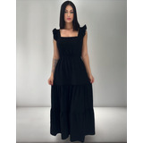 Vestido Longo Luxo Feminina Com Babada Na Mangas 