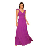 Vestido Longo Luxo Feminina Franzido Com Babada Na Mangas 