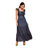 Vestido Longo Luxo Jeans Com Babada Na Manga 