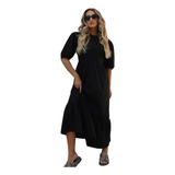Vestido Longo Luxo Urbano Feminino Preto Casual