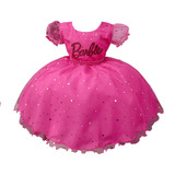 Vestido Luxo Infantil Barbie Princesa Pink Estrelas Promoção